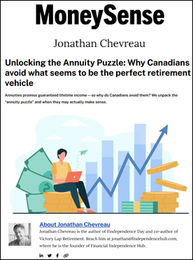 MoneySense article mentions LifeAnnuities.com in annuity discussion Cover image referencing a MoneySense article by Jonathan Chevreau discussing why Canadians
avoid annuities, with mention of LifeAnnuities.com as a Canadian annuity resource.